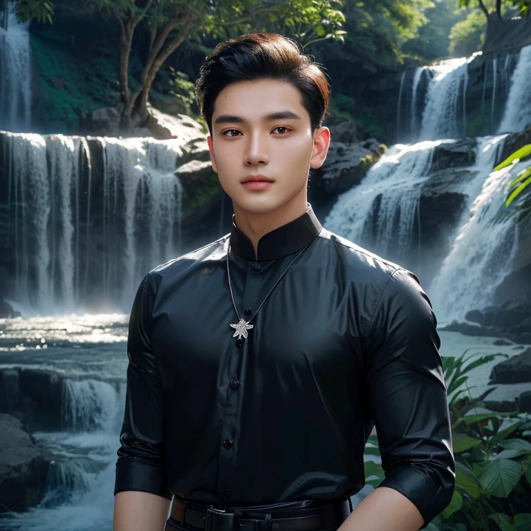 A Southeast Asian man with a round face., Double eyelids, big eyes, black eyes, Standing wearing a necklace in front of a waterfall, high quality vertical, Headshot profile picture, Charming and good looking, There is a waterfall., รูปProfile pictureรูปภาพแนวตั้ง, waterfall in the background, beautiful young man, There is a waterfall., Handsome and charming, Profile picture, handsome man, Aykut Aydodu, cute young man, Waterfall backdrop