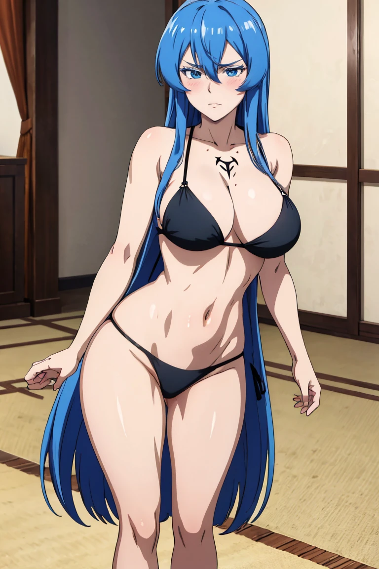 (artwork, best quality) a girl with long blue messy hair, blue eyes, blue eyelashes, wearing a black bikini, long black pantyhose, standing, tattoo, big , perfect body, 4k hd, upset, blushing, in a room