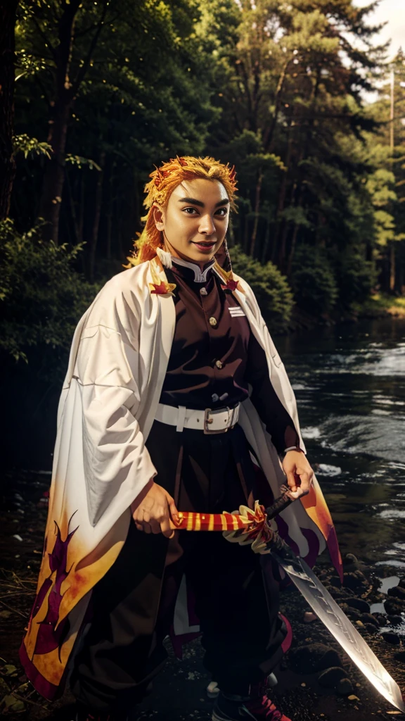 rengoku kyoujurou, 1boy, blonde hair, thick eyebrows, smile, demon slayer uniform, white cape, flame print, black jacket, belt, black pants, full body, tabi, zouri, forest, nature, river, sword, weapon, sheath