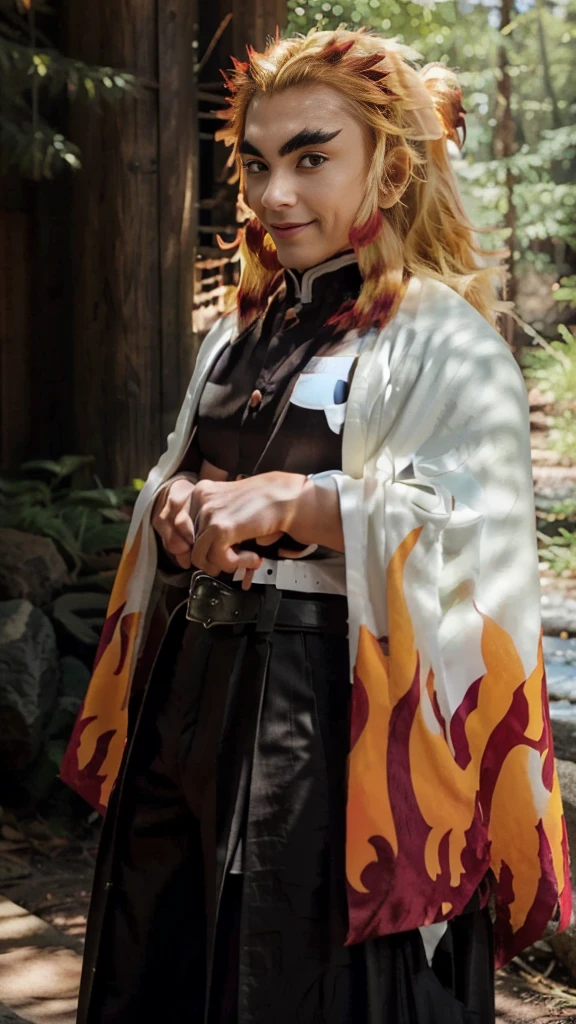 rengoku kyoujurou, 1boy, blonde hair, thick eyebrows, smile, demon slayer uniform, white cape, flame print, black jacket, belt, black pants, full body, tabi, zouri, forest, nature, river, sword, weapon, sheath