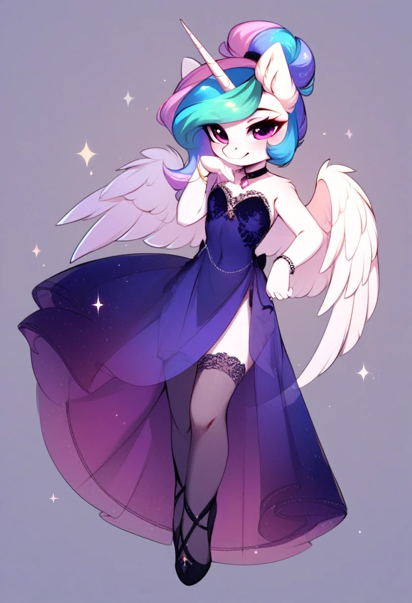 check_9, check_8_up, check_7_up, source_fluffy, rating_safe, from Magnaluna, Celestia poses seductively in a white bedroom, hair bun with bangs, pink eyes, white body, anthro, blushing, wearing purple see through dress, full body