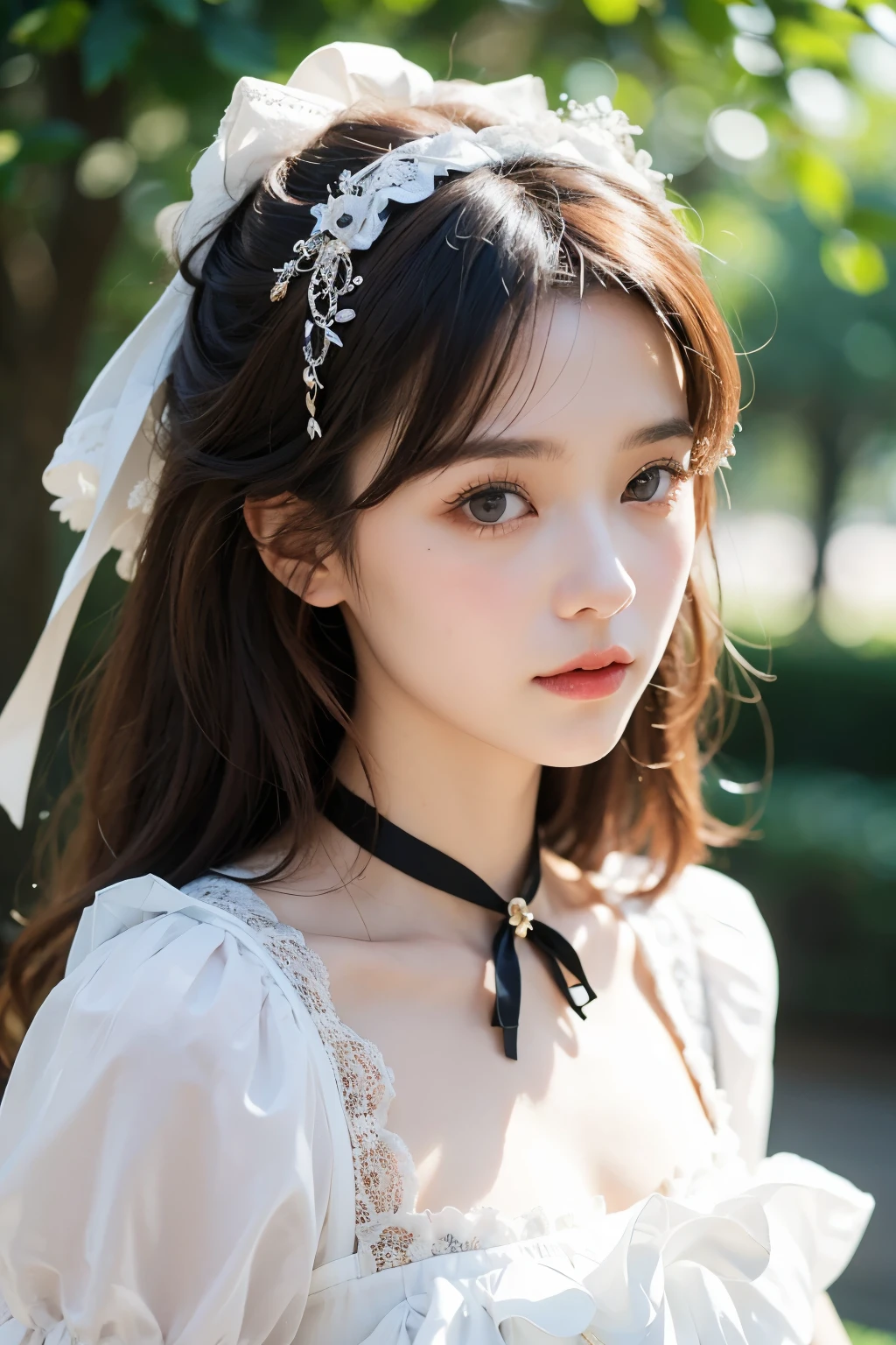 One Woman，Japanese，Brown Hair，Lolita Fashion，{Classic Lolita}，{Clarory}，favorite outfit，Coordination，Portraiture，expensive，expensiveロリィタ，Genuine，nature，whole body，Head ornament，beautiful，{Dressed like an aristocrat&#39;s daughter}，Lady，rose garden，Rose Garden，garden，Roses are blooming everywhere，Genuine，nature，{ボンネットHead ornament}，{Use a pannier to fluff up your skirt}，The skirt silhouette is also beautiful.，My favorite one piece，Lace and frills，