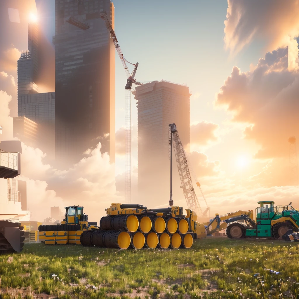 LEGO, peças de LEGO, LEGO contruções, there are many construction equipment that are on the grass, construction, construction yard, construction site, groundbreaking, Realistic Scene, 2 0 2 2 photo, robot in construction, photo rendering, um hyperrealisti, publicity photo, transportation design rendering, Digital rendering, muita construction, big tubes, hyperrealisti, hyperrealisti, highly photographic rendering