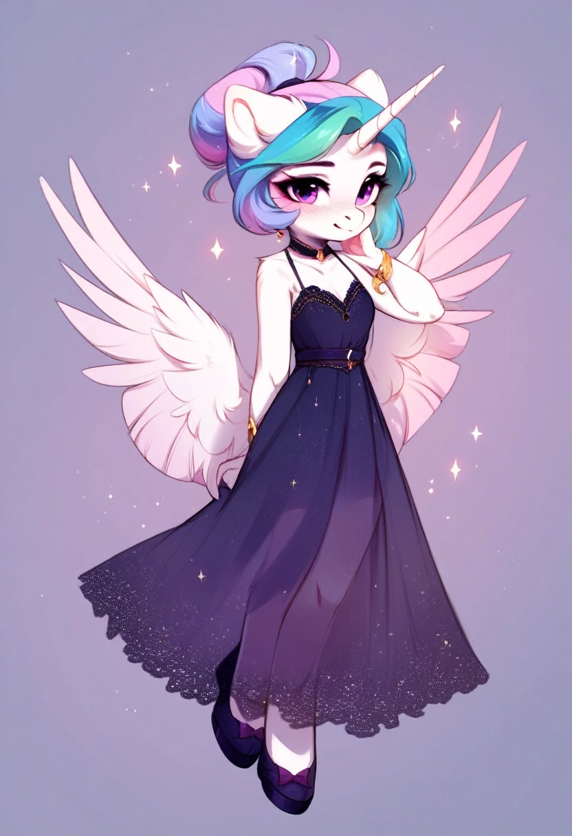 check_9, check_8_up, check_7_up, source_fluffy, rating_safe, from Magnaluna, Celestia poses seductively in a white bedroom, hair bun with bangs, pink eyes, white body, anthro, blushing, wearing purple see through dress, full body
