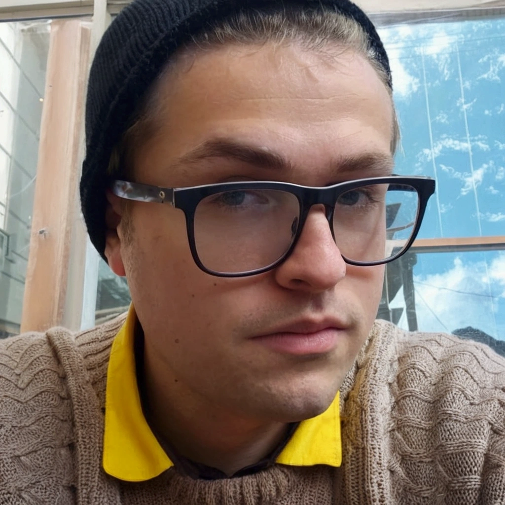 edgy blond man wearing glasses and a hat and knitted sweater, typical cryptocurrency nerd, profile picture with headshot