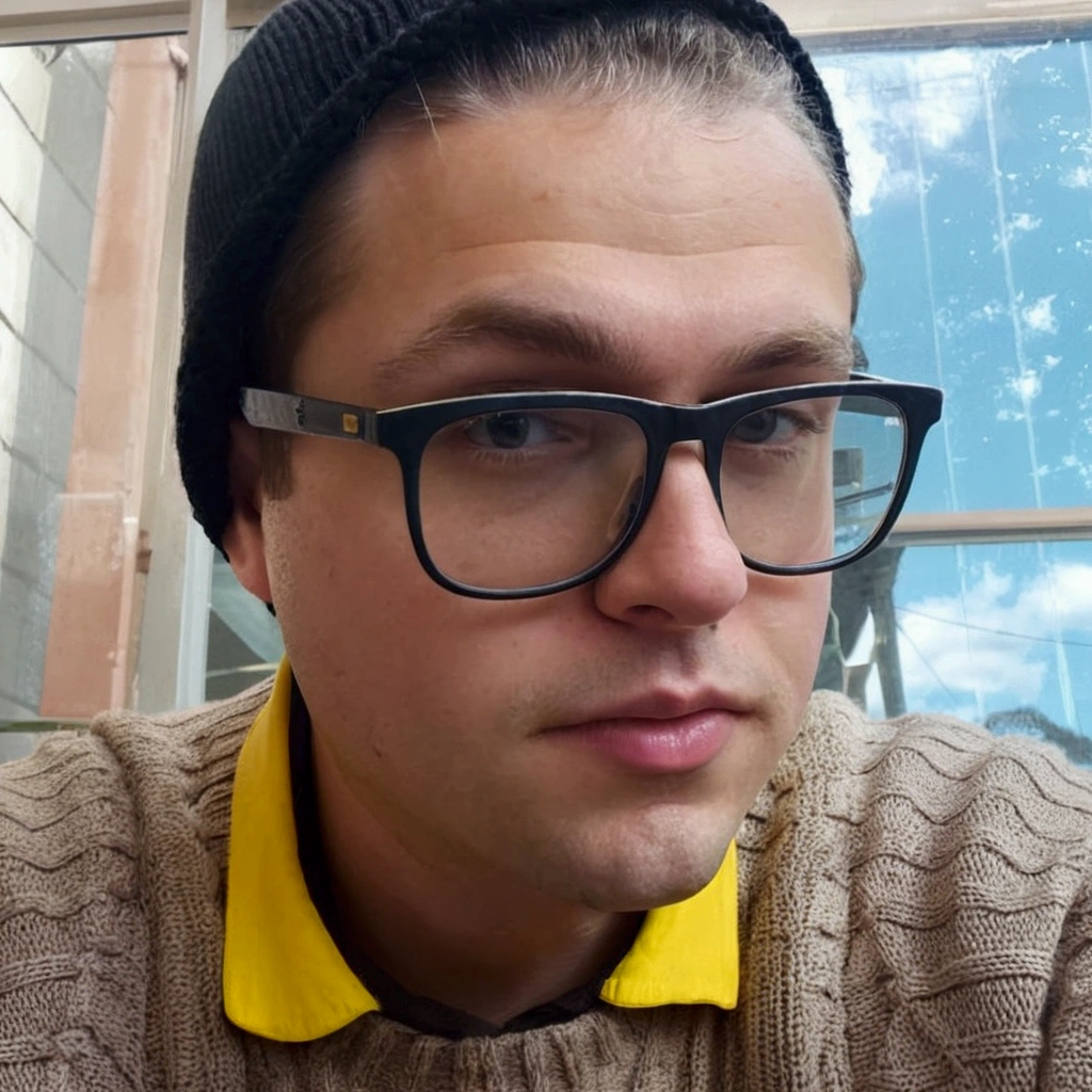 edgy blond man wearing glasses and a hat and knitted sweater, typical cryptocurrency nerd, profile picture with headshot