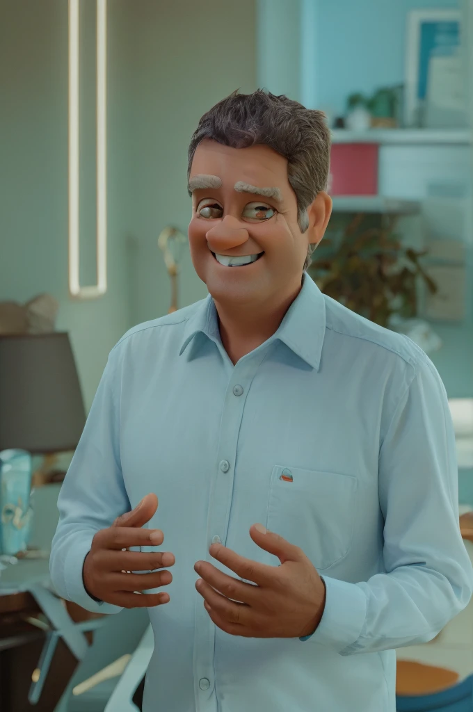 middle aged man with big happy smile with hands showing smiling happy with colors and vibes pixar diney style