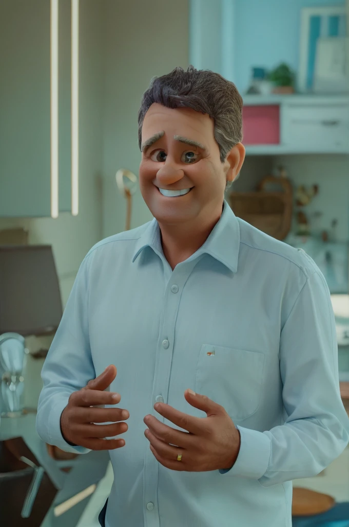 middle aged man with big happy smile with hands showing smiling happy with colors and vibes pixar diney style