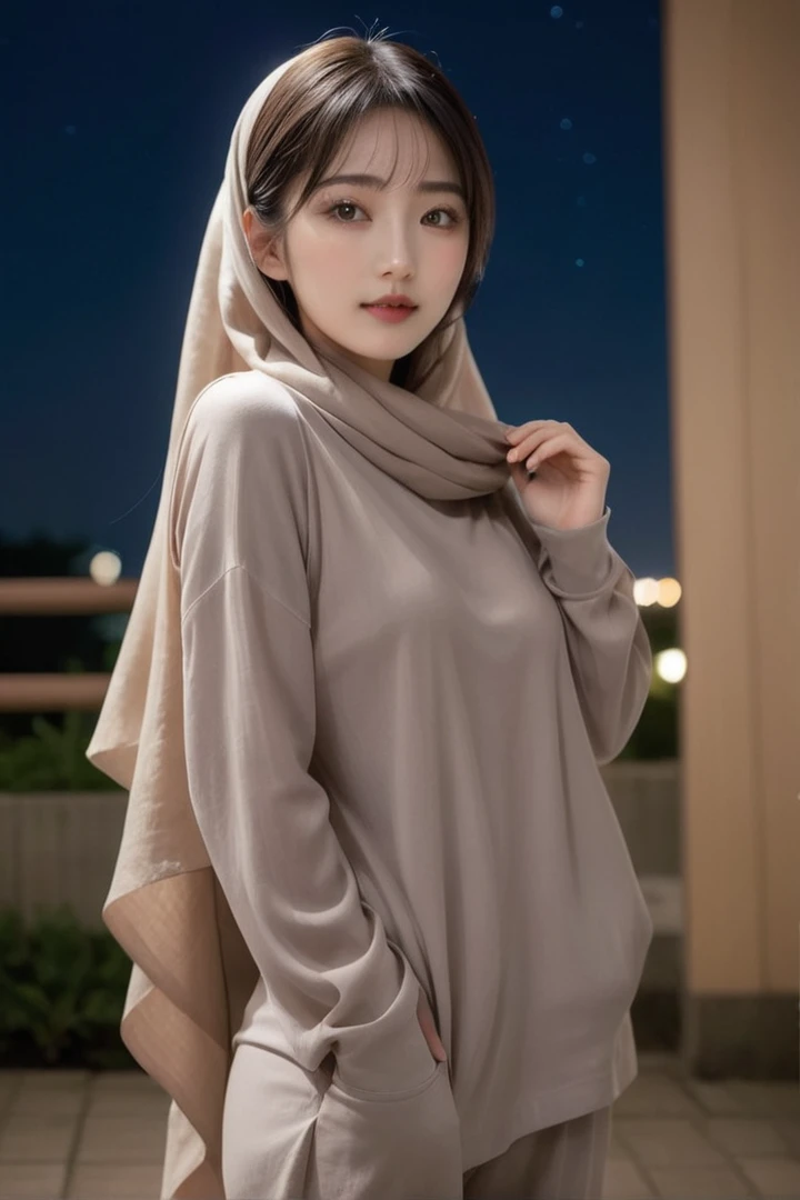 (a beautiful Japanese girl wearing a long hijab standing outdoors at night, highly detailed, realistic, 16k, masterpiece, high resolution, fit body, perfect eyes, pale skin, fair skin, perfect skin, outdoor, night time, night sky, low light, darkness, dark night, cold expression, cold pose, front view, wide-leg linen pants, ultra-delicate face, delicate eyes, double eyelids, half smile, beautiful and delicate photo)