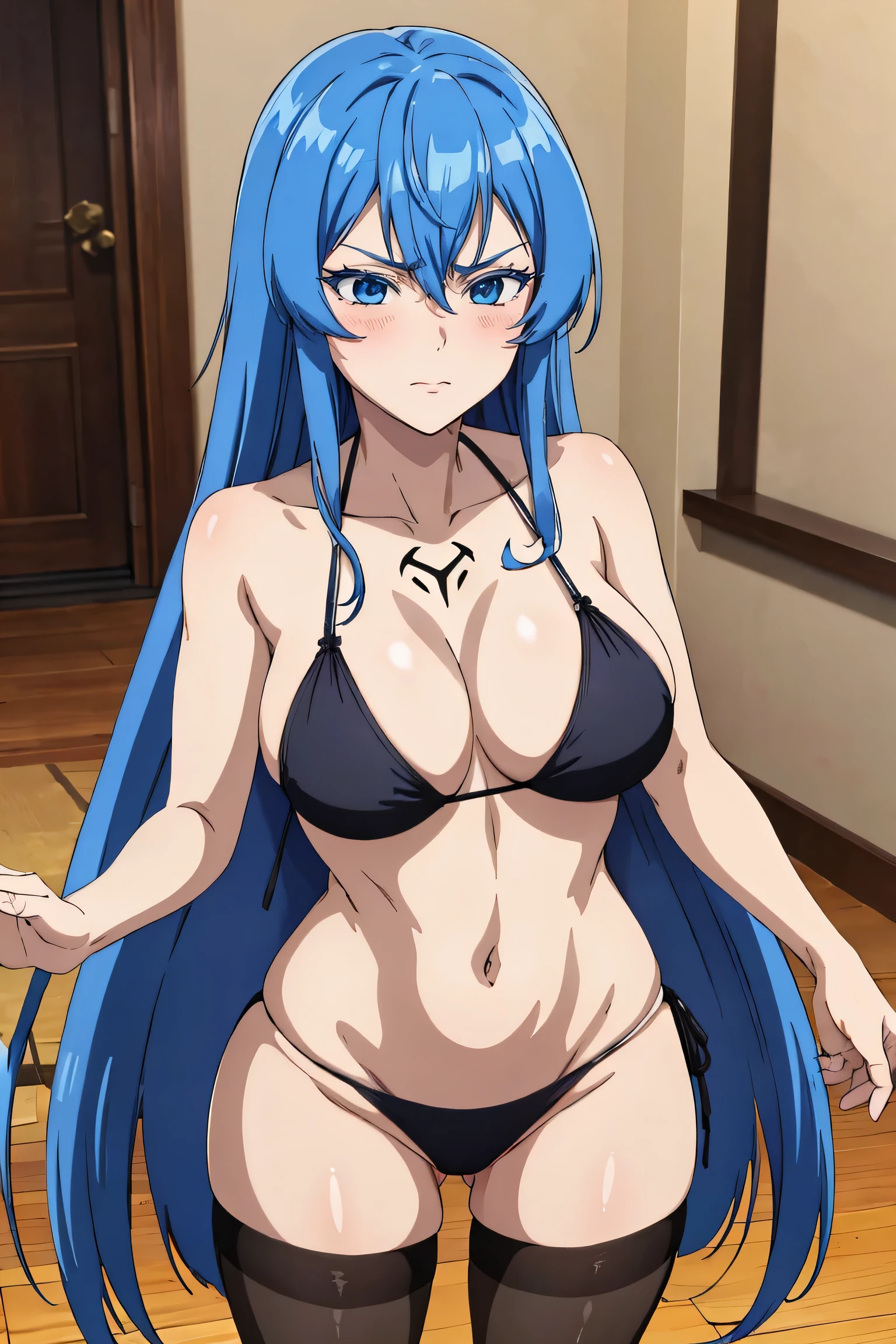 (artwork, best quality) a girl with long blue messy hair, blue eyes, blue eyelashes, wearing a black bikini, long black pantyhose, standing, tattoo, big , perfect body, 4k hd, upset, blushing, in a room