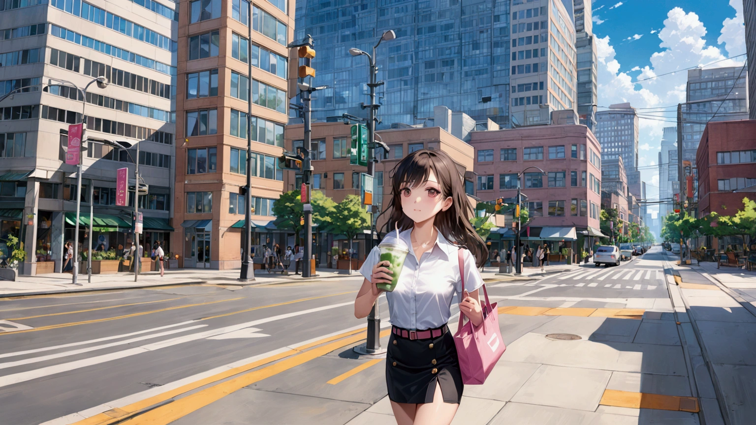 realistic anime illustration of a pretty college girl hangout around city downtown, walking around downtown, holding a cup of iced matcha latte, carrying pink tote bag, wearing uniform (white short sleeve shirt, collared shirt, black pencil mini skirt with belt, sandals), (1girl, solo, full body), (masterpiece, best quality)