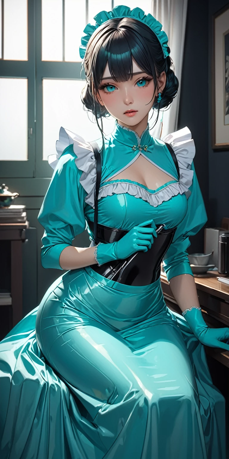 Portraiture、(masterpiece,Highest quality,Ultra-high resolution),Japanese women, (((Very beautiful 25 year old girl))),(Turquoise maid outfit)、(Turquoise long skirt)、(A long-sleeved turquoise shirt that covers the upper body)、Turquoise gloves、Turquoise socks、Turquoise bodysuit、Frills、The clothes fit snugly to the body、Shiny fabric、Dark Room、