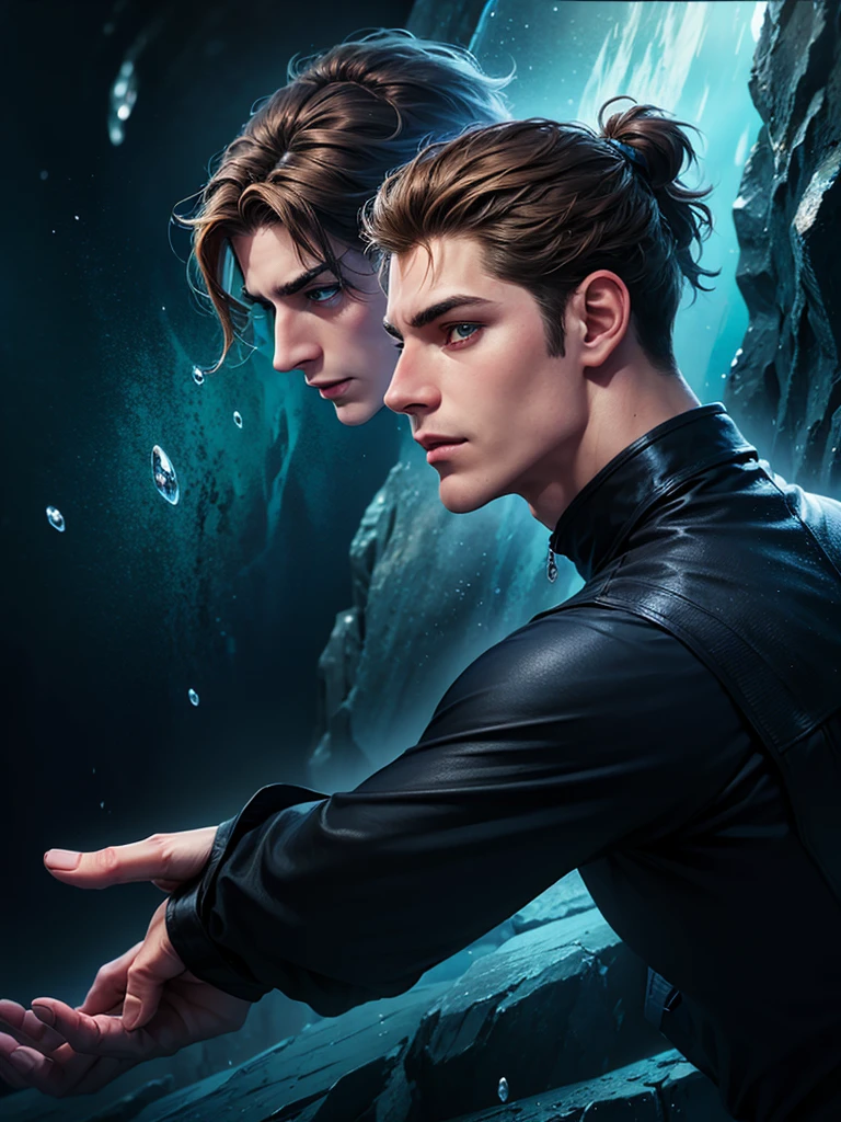 Dark blues colors. In the deep sea frozen waters, a boy is underwater. It is very dark, there is almost no light. He has brown hair held in a manbun, a short mustache and goatee, and green eyes. He has a very hooked nose and kind eyebrows. His face is gentle with angular bone structure, he looks relaxed. he wears fur and leather clothe. He wields water and ice magic around him.