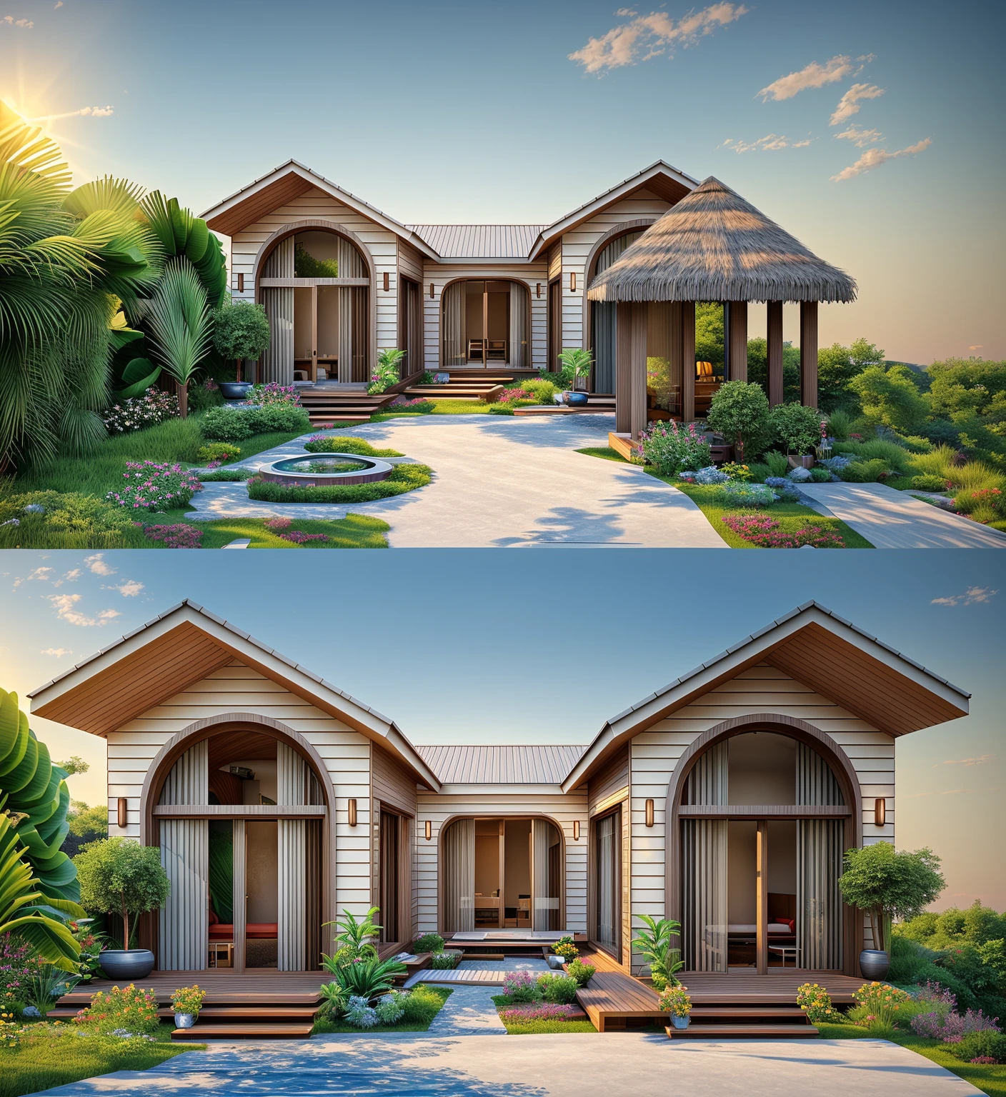 Realistic images, extremely detailed, a modern house,(((1 road in font of house))), large yard made by ceramic, (1 car), brick fence, lawn, a few small flowers, a road in front of the house, main materials of the house are white walls and red brick, Modern design, clear blue sky, sunrise light, light from inside, dynamic light,shimering light, cinematic light, romantic feeling, (((day light, warm light)))