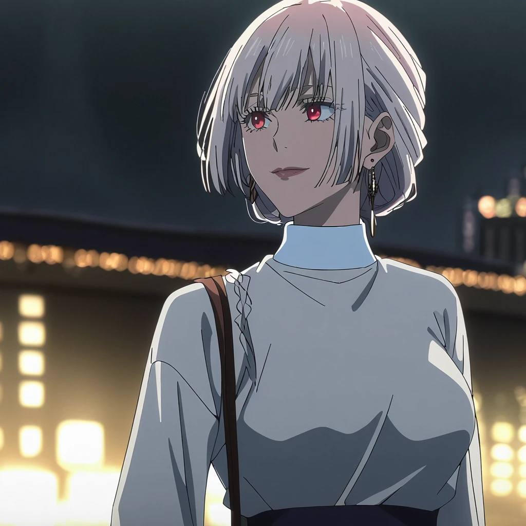 1girl, female gojo satoru, anime screencap from jujutsu kaisen, gojo satoru female version, solo, long_hair, ((red eyes)) ((White_hair, elegant hairstyle,)), night view, (hanging breasts) upper_body, smile, lips, (slightly straight hair) ((wearing white sweater)) breast, "very detailed and high resolution" (red eyes) ((shoulder length straight hair)) ((solo)) (((front view))) (earings) ((high resolution)) ((good quality)) ((elegant hairstyle)) ((hand bag))