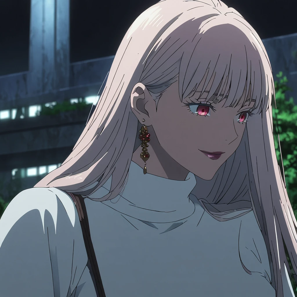 1girl, female gojo satoru, anime screencap from jujutsu kaisen, gojo satoru female version, solo, long_hair, ((red eyes)) ((White_hair, elegant hairstyle,)), night view, (hanging breasts) upper_body, smile, lips, (slightly straight hair) ((wearing white sweater)) breast, "very detailed and high resolution" (red eyes) ((shoulder length straight hair)) ((solo)) (((front view))) (earings) ((high resolution)) ((good quality)) ((elegant hairstyle)) ((hand bag))