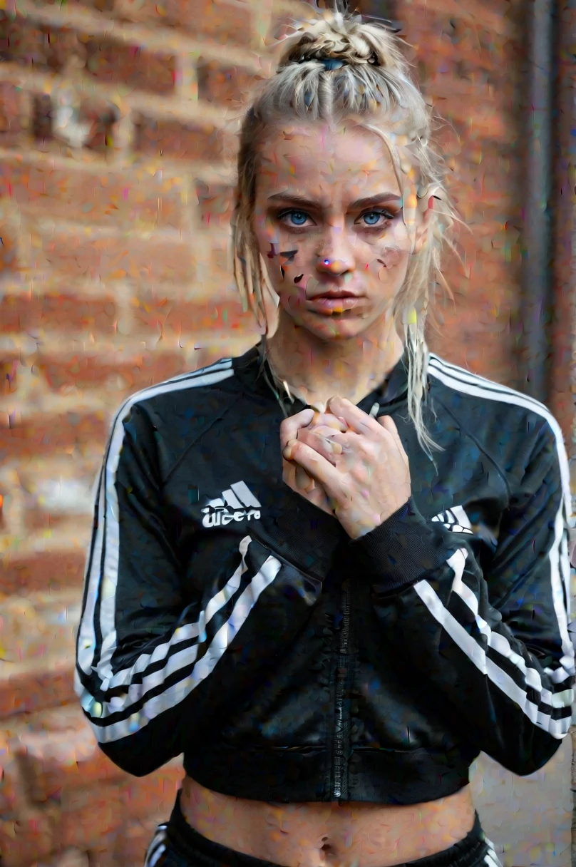 young woman,ultratextured skin, blue eyes, rough expression, broken nose, straight gesture, two braided shiny hair, black crop top, tracksuit trousers, slavic ethnicity, blond hair, portrait, ultra high resolution, red bricks graffiti background, outdoor, lamp light lighting, facing camera, cheeky emotion, upper lip scar, sport wear, hands crossed on chest, wrists hidden, bright acid green makeup, young adult, acid color palette, minimalistic style.