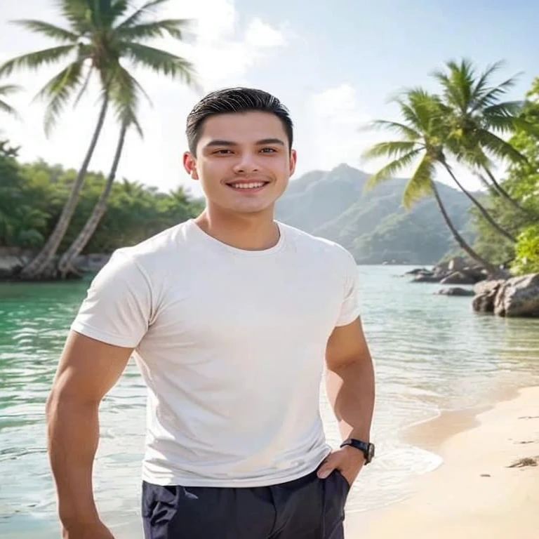 A Southeast Asian man with a round face., Double eyelids, big eyes, black eyes, Standing wearing a necklace in front of a waterfall, high quality vertical, Headshot profile picture, Charming and good looking, There is a waterfall., รูปProfile pictureรูปภาพแนวตั้ง, waterfall in the background, beautiful young man, There is a waterfall., Handsome and charming, Profile picture, handsome man, Aykut Aydodu, cute young man, Waterfall backdrop