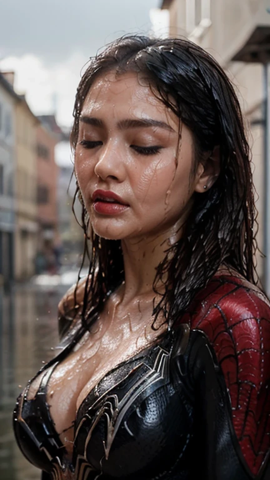 ((18 years old beautiful korean girl)), (wearing spiderwoman suits : 1.4), ((in a medieval city)), (night time), (((perfect size breasts, cleavage))), (hourglass figure), natural lips, photorealistic, masterpiece, realistic, realism, photorealism, high contrast, photorealistic, 8k HD high definition detailed realistic, detailed, skin texture, hyper detailed, white clear skin texture, best quality, (photorealistic:1.4), high resolution, detailed, raw photo, photo realistic, (high detailed skin:1.2), 8k uhd, dslr, soft lighting, high quality, film grain, Fujifilm XT3), hyper realistic lifelike texture dramatic lighting unreal engine, even, neutral light, key light, bold, bright colours, daylight, (balanced saturation), (dynamic lighting), (natural lighting), ((pink lipstick)), (natural makeup), ((long hair)), ((glossy skin)), (colorful lighting), (sick pose : 1.7), (wet shot : 1.5), ((low angle photoshoot : 1.2)), (((close your eyes))), sleeping