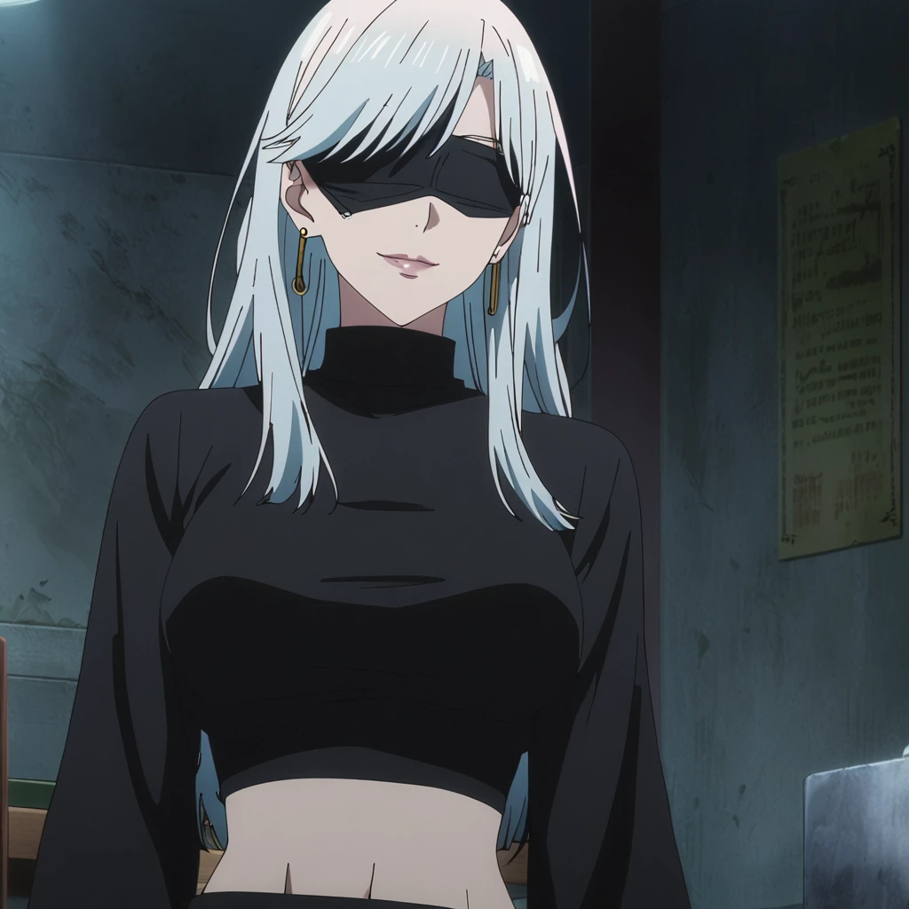 1girl, female gojo satoru, anime screencap from jujutsu kaisen, gojo satoru female version, solo, long_hair, ((wearing black blindfold)) ((White_hair)), night view, (hanging breasts) upper_body, smile, indoors, book, lips, (slightly straight hair) ((wearing black colour crop top with golden button, full sleeves and black colour pant)) breast, "very detailed and high resolution" (black blindfold) ((solo)) (((front view))) (earings) ((high resolution)) ((good quality)) ((swept bangs)) 