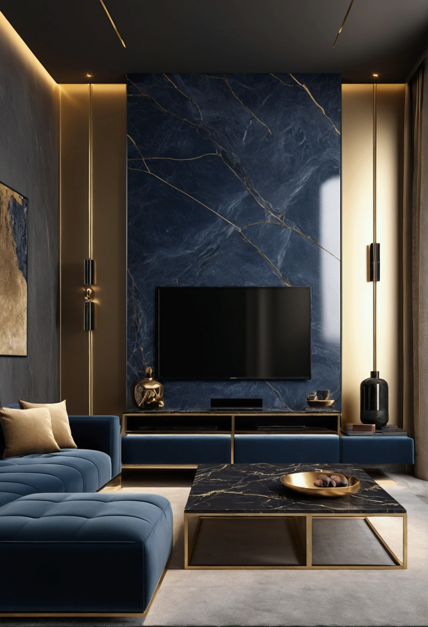 Professional 3D architecture rendering design of modern and minimal design for tv room with beige velvet sofa and dark blue velvet sofa and black slab stone with dark gold lines for tv wall and modern windows and accessories and sunny light