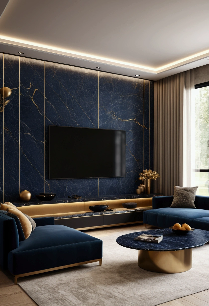 Professional 3D architecture rendering design of modern and minimal design for tv room with beige velvet sofa and dark blue velvet sofa and black slab stone  with dark gold lines for tv wall and modern windows and accessories and sunny light 