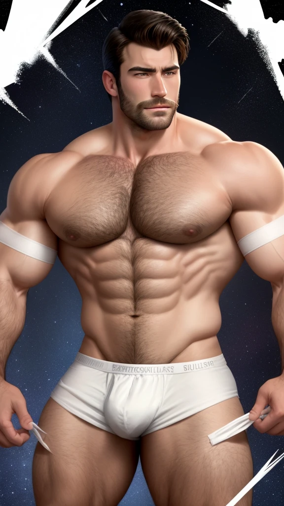 Gaston, muscular, hairy chest, wearing a  bulging white string jockstrap in a burst of abstract stars background 