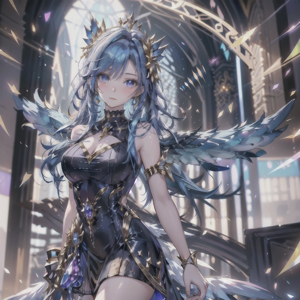 Woman in a dress with wings and a crown, Fantasy art style, Fine gold jewelry , Light and comfortable outfit , white year ,blue eyes , realistically , multi-colored wings , realistically , sharp 