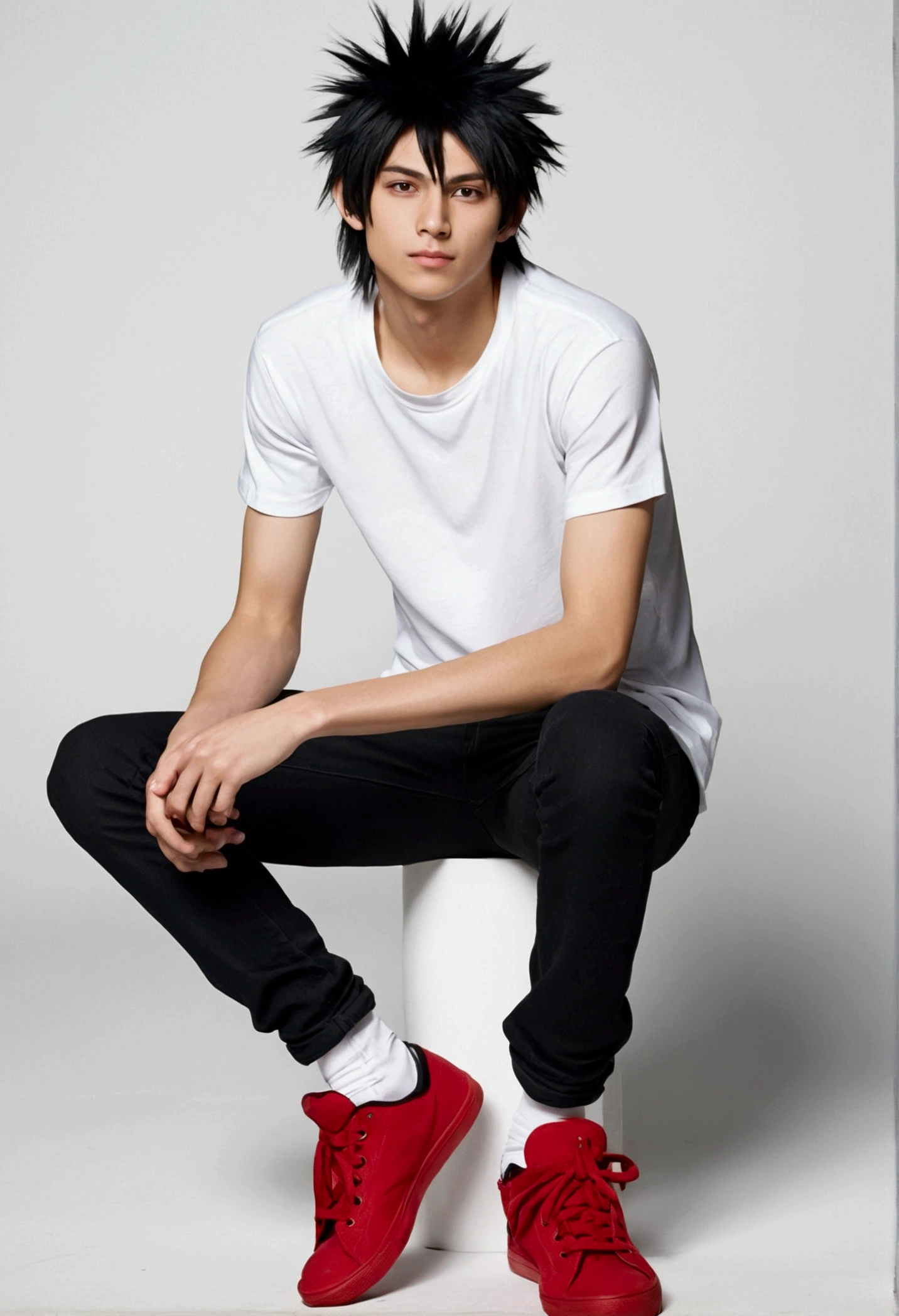 *Sero is a tall, lanky teenager with a lean and athletic build. His spiky black hair is messily styled, sticking out all over the place in a way that looks both tousled and effortless. His eyes are a deep brown, and he’s sporting a slightly bashful expression that contrasts with his usual carefree demeanor. He’s wearing a casual outfit consisting of a simple white T-shirt, black jeans, and a pair of red sneakers.*