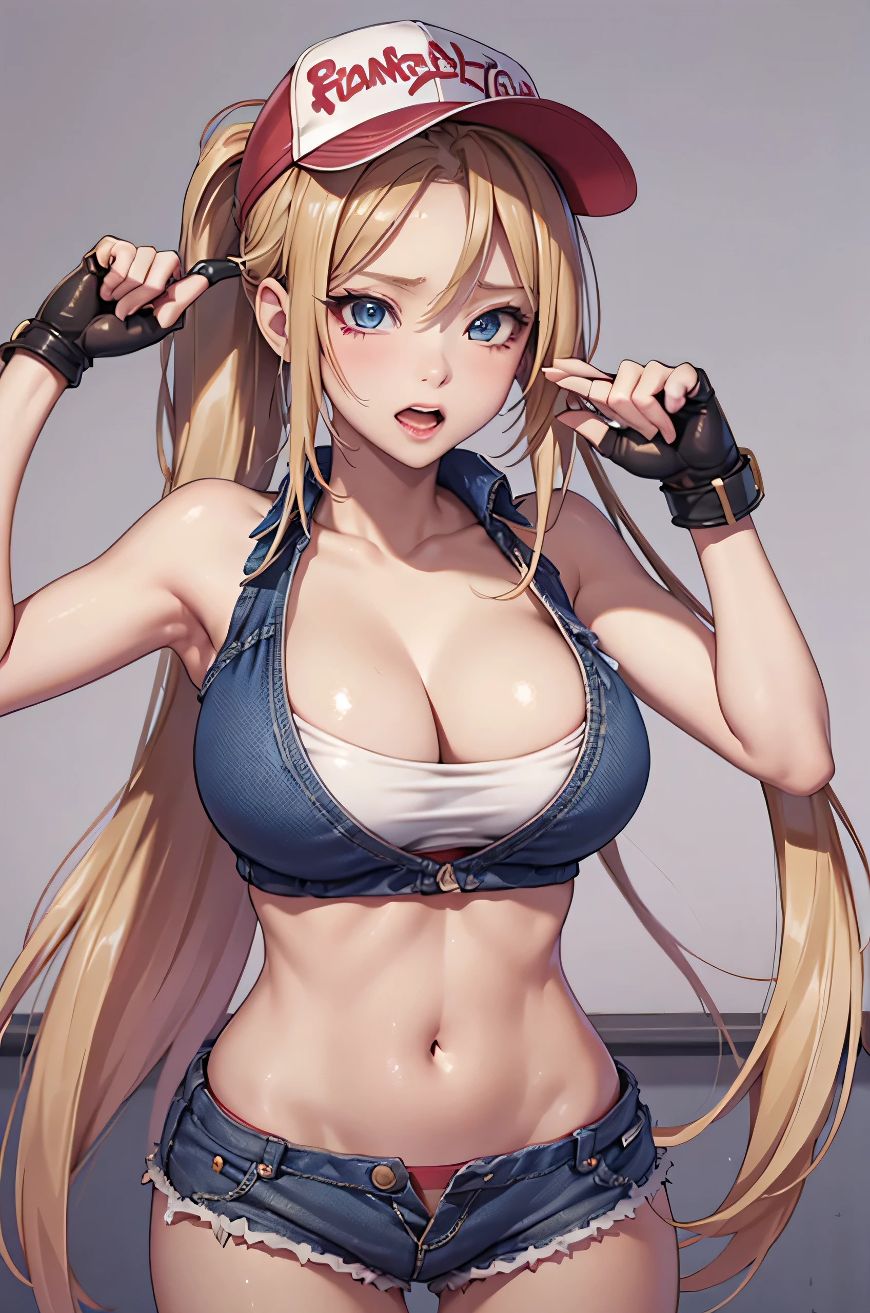 (masterpiece), best quality, expressive eyes, perfect face, highres, (8k), (perfect face), (ultra details), 1 girl, solo, terry bogard girl, blonde hair, ponytail, blue eyes, long hair, baseball cap, fingerless gloves, denim shorts, shoes, blushing, frightened, anguished, open-mouthed, room background, no posing, standing, portrait, looking herself