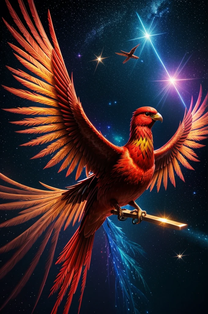 Detailed 3D holographic Phoenix Bird, geometric red bird, galactic space background, cinematic lighting, volumetric lighting, intricate details, 8k, hyper detailed, extremely detailed, awesome display, Award-winning CGI, epic, majestic, bright feathers, shimmering, ethereal, mystic, Hypnotic, Surreal, mesmerizing, transcendent, transcendental