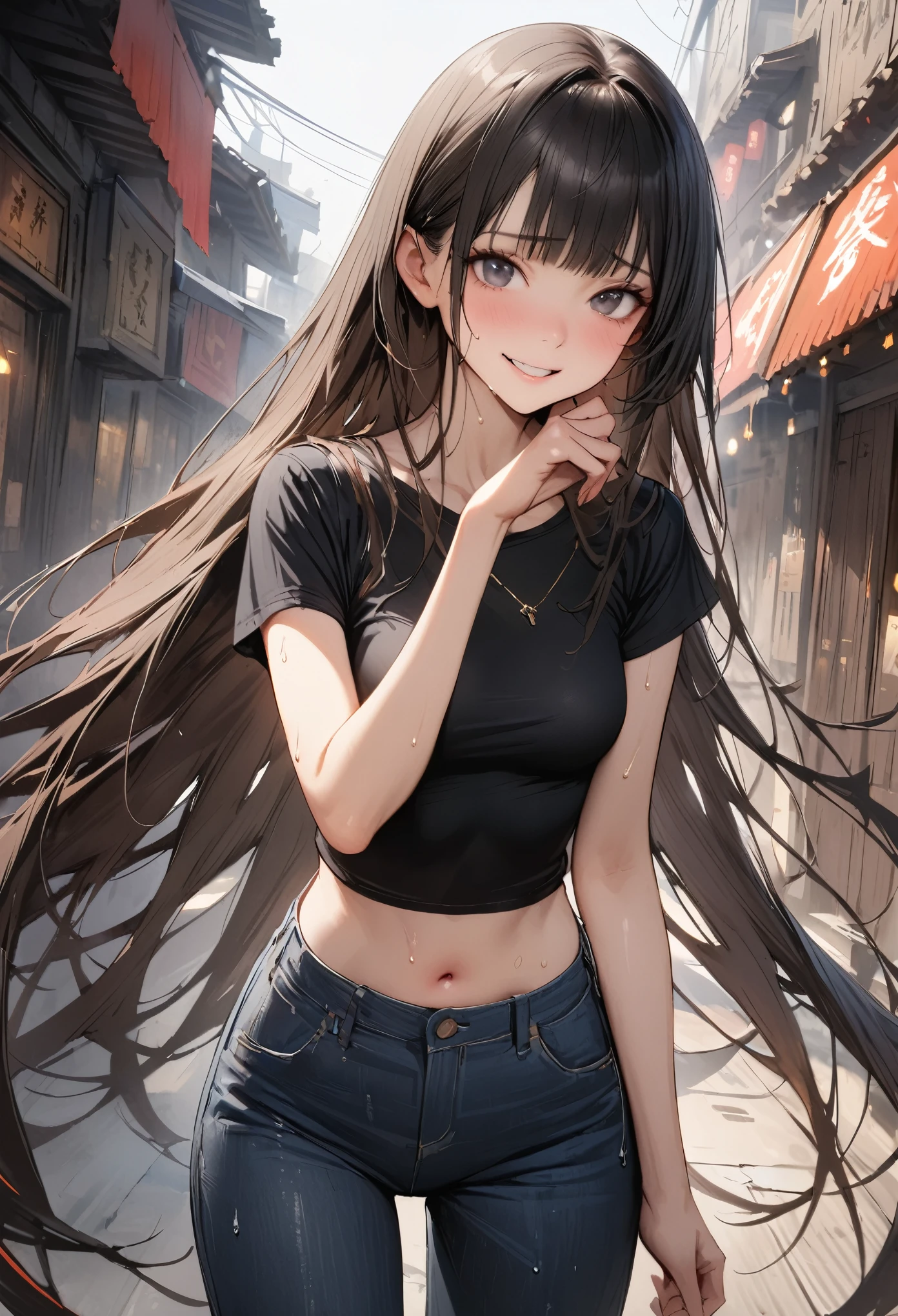 ((masterpiece,Highest quality:1.3,best quality illustration)),realistic,cowboy shot,独奏,1woman,(18 year old beauty),black hair,long hair,bangs,black eyes,gorgeous big eyes,((very small head:1.3)),shy,smile,((very long body:1.2,skinny)),medium breasts,(Cropped short-sleeve black T-shirt、navel、Wide denim pants),sweat,gleaming skin,toned body,slender body,standing,World of Blade Runner、