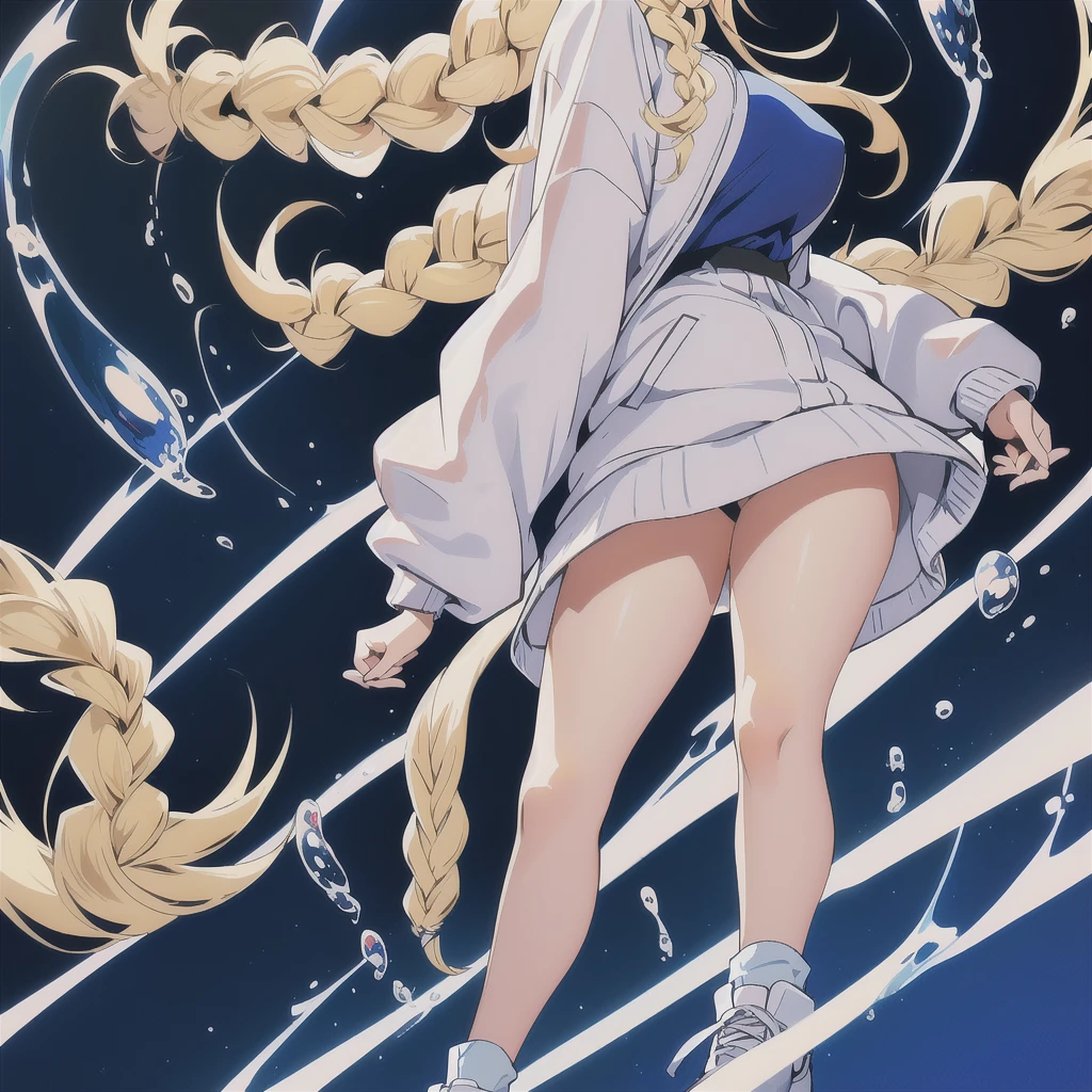 sexy woman is wearing a hooded sweater standing with one foot on a step, 1girl, solo, chewing gum, blonde hair, blue eyes, hat, hand in pocket, braid, bubble blowing, white background, full body, long hair, multicolored clothes, simple background, shoes, looking at viewer, baseball cap, twin braids,Eiko Tsukimi, blue eyes, braid, twin braid, (((blonde hair))), long hair, baseball cap