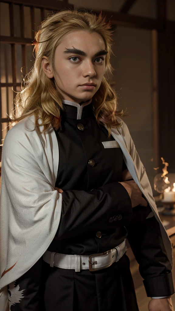 Rengoku Kyoujurou, demon slayer uniform, white cape, flame print, black jacket, belt, black pants, blonde hair, thick eyebrows, 