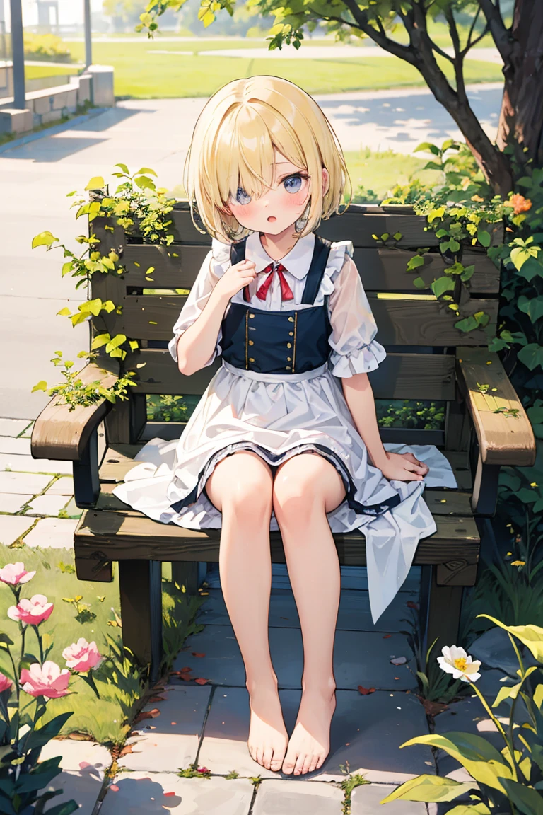 ((solo:1.2)),cute girl sitting on bench in garden,frilled dirndl,from above,looking up,cobblestone pavement,blonde hair,fine bob cut,(hair over one eye),(dappled sunlight:1.2),blurry,(depth of field:1.1),head tilt,:o,(petals),tree,butterfly, barefoot, no panties, showing pussy