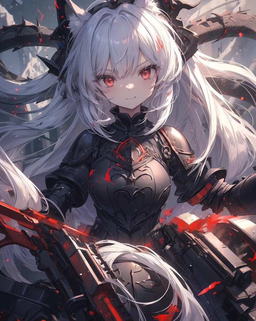 masterpiece, 1catgirl, cat ears, ((White long hair)) , Red eyes, intricate ((Black armour)) , she is a dragon slayer. She won the fight. Damaged ((black and Red shirt)) over the armour. Portrait. Medium breast. Super detailed. Perfect anime Red eyes. Evil smile