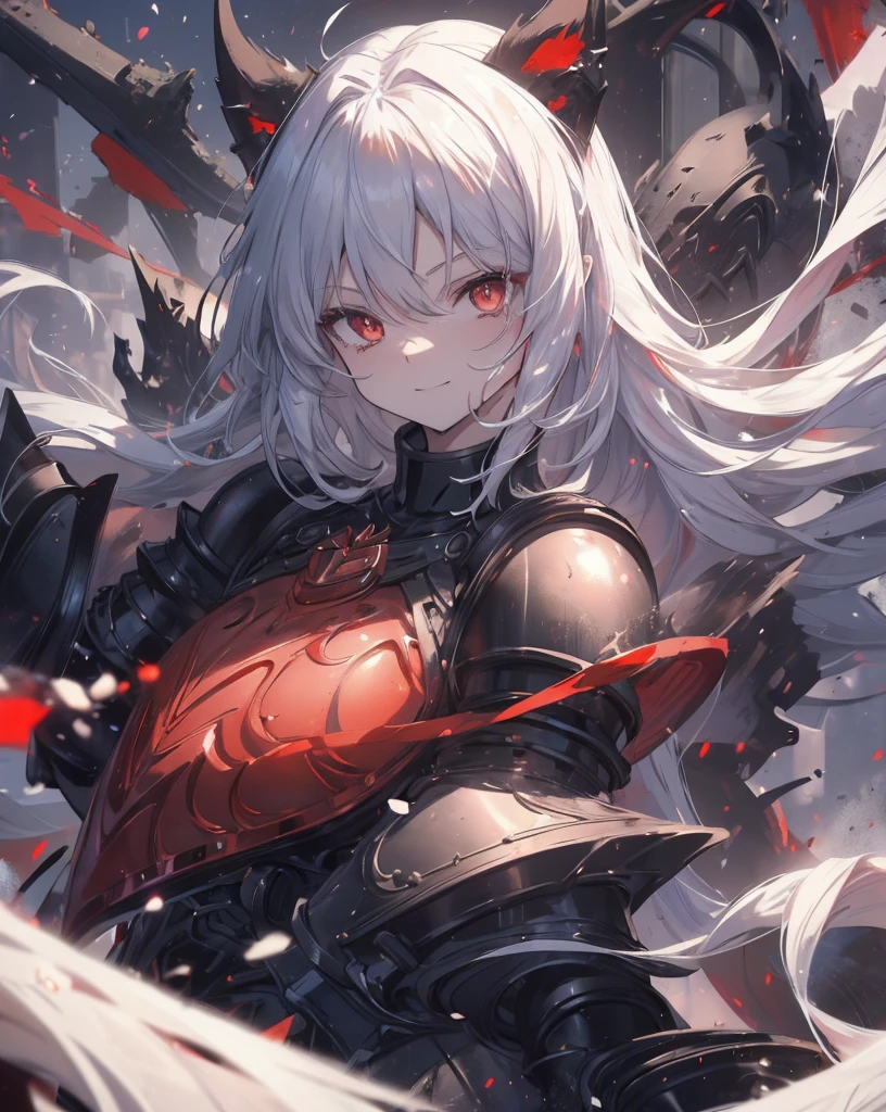 masterpiece, 1catgirl, cat ears, ((White long hair)) , Red eyes, intricate ((Black armour)) , she is a dragon slayer. She won the fight. Damaged ((black and Red shirt)) over the armour. Portrait. Medium breast. Super detailed. Perfect anime Red eyes. Evil smile