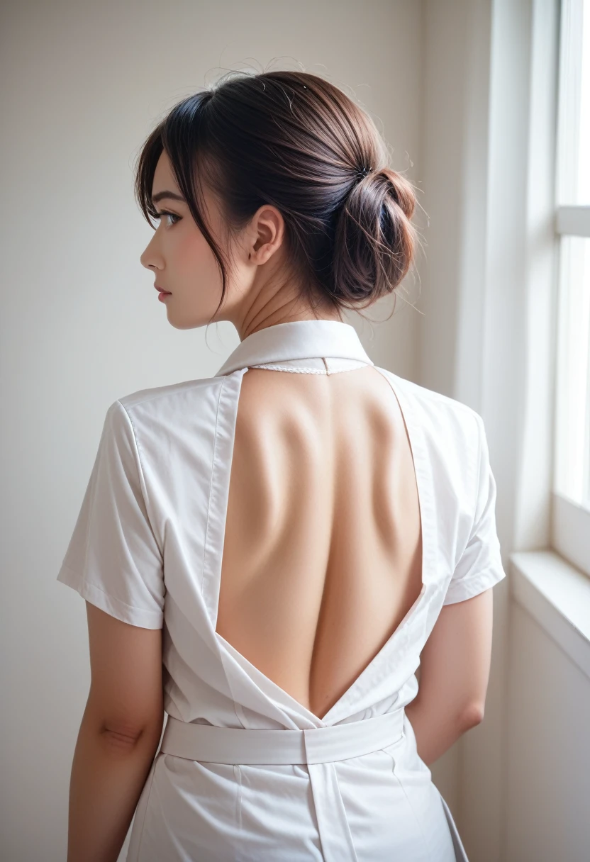 8k, raw photo, best quality, masterpiece, realistic, photo realistic, clear, professional lighting, beautiful face, best quality,ultra high res, realistic japanese beautiful, Super detailed, 1girl, back view