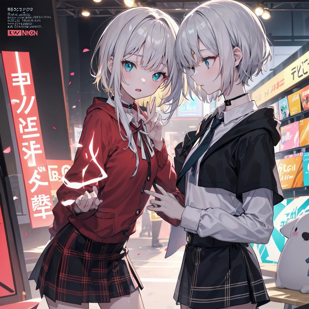 (((dramatic)))、(((Grainy)))、(((intense))))He appears as a central character in the movie poster.。The girl in the center of the poster is shy.、アイドルCostumeを着て、He has a determined look on his face.。Beautiful gradation of red and white hair、backgroundは暗くて粗い、I feel drunk。テキストはBoldで目を引く、Catchy slogans add to the overall drama and excitement。The color palette is dominated by dark colors..、Light colored dots々、Create dynamic and visually impactful posters、Tachi- e(magazine:1.3)、(coverスタイル:1.3)、solo, Red gradient striped hair, short hair, Gray Hair, Lily(Wakka), Black Beret, Checked skirt, choker, Cyan Sweater Jacket, Collared shirt, black plaid tie, Sleeves are longer than your fingers, Blunt bangs、Fashionable、Vibrant、Costume、Pause、front、colorful、dynamic、background、element、Confident、Expressive、fail、statement、Attachmentajestic、Coiled、Surroundings、touch、scene、article、cover、Bold、to attract attention、title、Low Fashion、font、Catchy、title、big、to attract attention、Modern、 trend、concentrate、stylish、One Girl,mini skirt