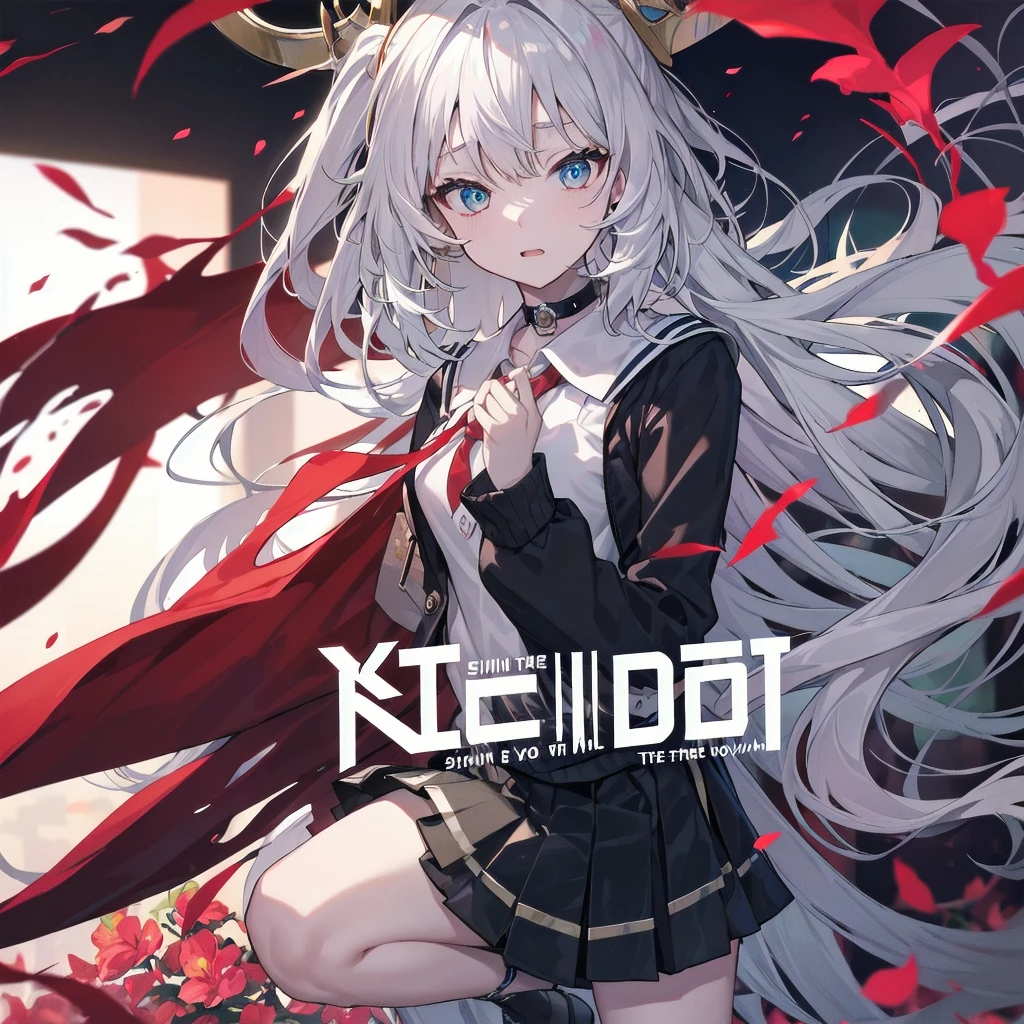 (((dramatic)))、(((Grainy)))、(((intense))))He appears as a central character in the movie poster.。The girl in the center of the poster is shy.、アイドルCostumeを着て、He has a determined look on his face.。Beautiful gradation of red and white hair、backgroundは暗くて粗い、I feel drunk。テキストはBoldで目を引く、Catchy slogans add to the overall drama and excitement。The color palette is dominated by dark colors..、Light colored dots々、Create dynamic and visually impactful posters、Tachi- e(magazine:1.3)、(coverスタイル:1.3)、solo, Red gradient striped hair, short hair, Gray Hair, Lily(Wakka), Black Beret, Checked skirt, choker, Cyan Sweater Jacket, Collared shirt, black plaid tie, Sleeves are longer than your fingers, Blunt bangs、Fashionable、Vibrant、Costume、Pause、front、colorful、dynamic、background、element、Confident、Expressive、fail、statement、Attachmentajestic、Coiled、Surroundings、touch、scene、article、cover、Bold、to attract attention、title、Low Fashion、font、Catchy、title、big、to attract attention、Modern、 trend、concentrate、stylish、One Girl,mini skirt