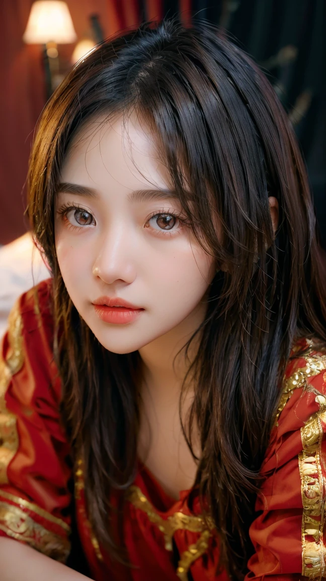 beautiful girl, wearing a red sexy cloth, lying posing on the bed, ((studio)), ((studio lighting)), long hair, white skin, beautiful, best quality, masterpiece, ultra high detail, detailed face, detailed eyes,