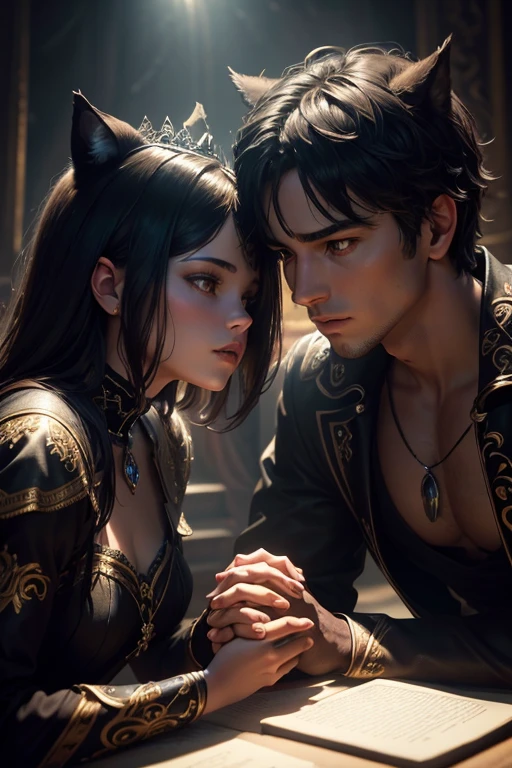 a teenage female and male shadow holding hands,looking at each other,both wearing royalty crowns,female with black hair,black wolf ears and tail,male with short dark brown hair,wolf ears and tail,(best quality,4k,8k,highres,masterpiece:1.2),ultra-detailed,(realistic,photorealistic,photo-realistic:1.37),fantasy,digital art,highly detailed,exquisite details,cinematic lighting,dramatic colors,volumetric lighting,intricate details,chiaroscuro lighting,dramatic shadows,dramatic colors,vibrant colors