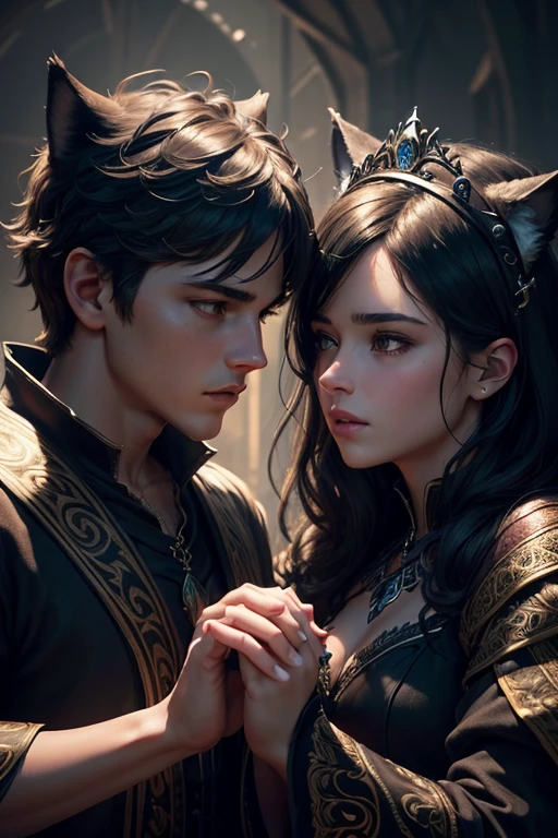 a teenage female and male shadow holding hands,looking at each other,both wearing royalty crowns,female with black hair,black wolf ears and tail,male with short dark brown hair,wolf ears and tail,(best quality,4k,8k,highres,masterpiece:1.2),ultra-detailed,(realistic,photorealistic,photo-realistic:1.37),fantasy,digital art,highly detailed,exquisite details,cinematic lighting,dramatic colors,volumetric lighting,intricate details,chiaroscuro lighting,dramatic shadows,dramatic colors,vibrant colors