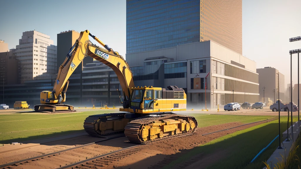 LEGO, peças de LEGO, LEGO contruções, there are many construction equipment that are on the grass, construction, construction yard, construction site, groundbreaking, Realistic Scene, 2 0 2 2 photo, robot in construction, photo rendering, um hyperrealisti, publicity photo, transportation design rendering, Digital rendering, muita construction, big tubes, hyperrealisti, hyperrealisti, highly photographic rendering