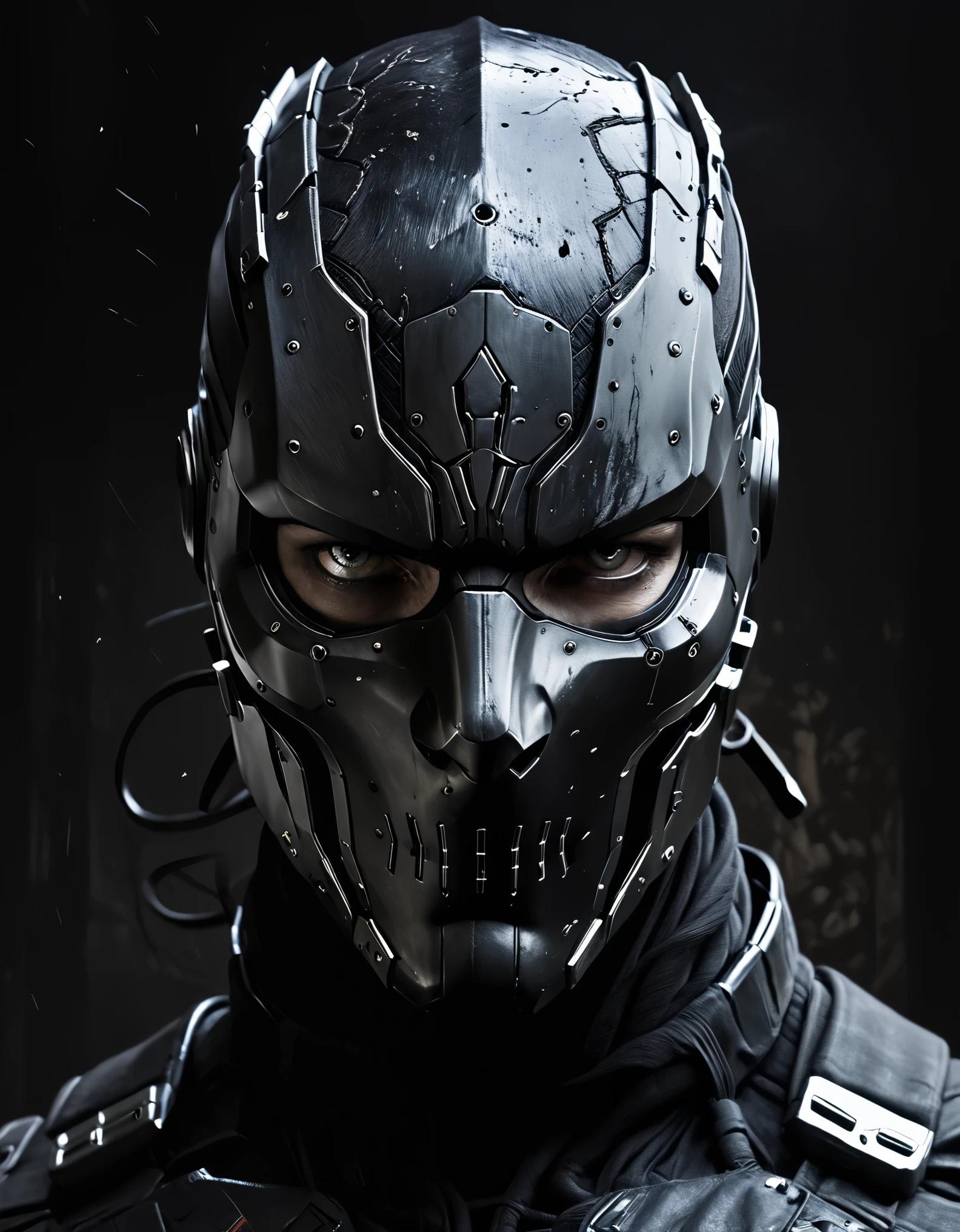 (realistic),masterpiece,Metal face mask, snake eyes, connectors on the head,a close-up image of a character with an intimidating and dark appearance, His face is partially covered by a metallic black mask, and has cracks that add an air of wear or damage, a white and pale face like marble, Exposed skin The top of his head is also cracked, suggesting an anomalous condition or a violent past. The character has a penetrating and threatening look, with intense eyes that stand out under a deep shadow. His hair is long and dark, falling down and framing his face, adding to the sinister aura of the character, The use of strong contrasts between black and white accentuates the dark and dramatic atmosphere of the image, cyberpunk future, bioorganic, cyborg, The image uses a cyberpunk style with a high level of detail and contrast, combining organic and mechanical elements to create a futuristic and dystopian aesthetic