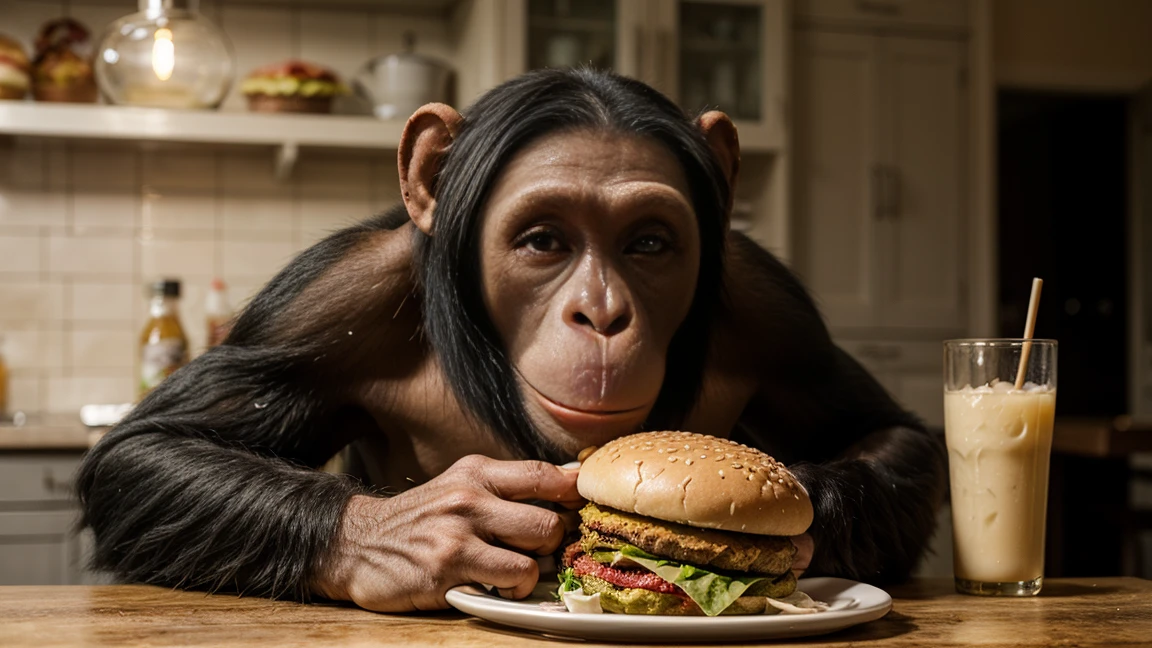 an chimpanzee eating burger