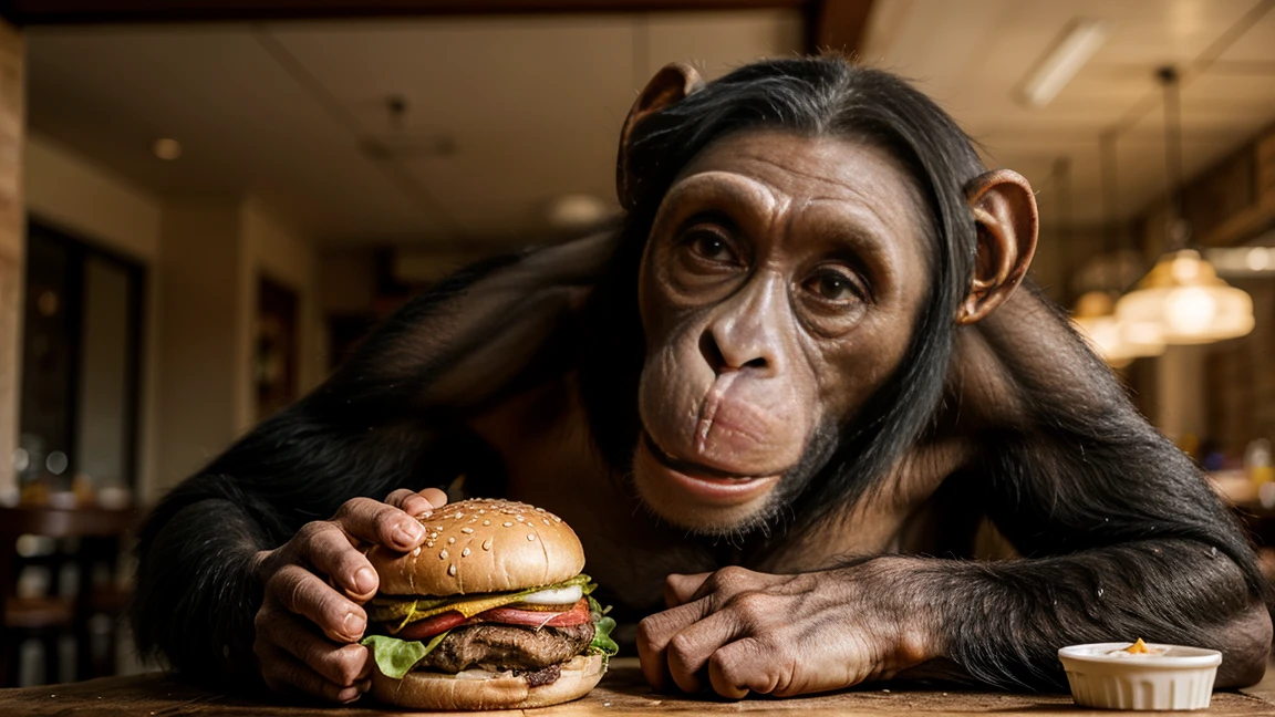 an chimpanzee eating burger