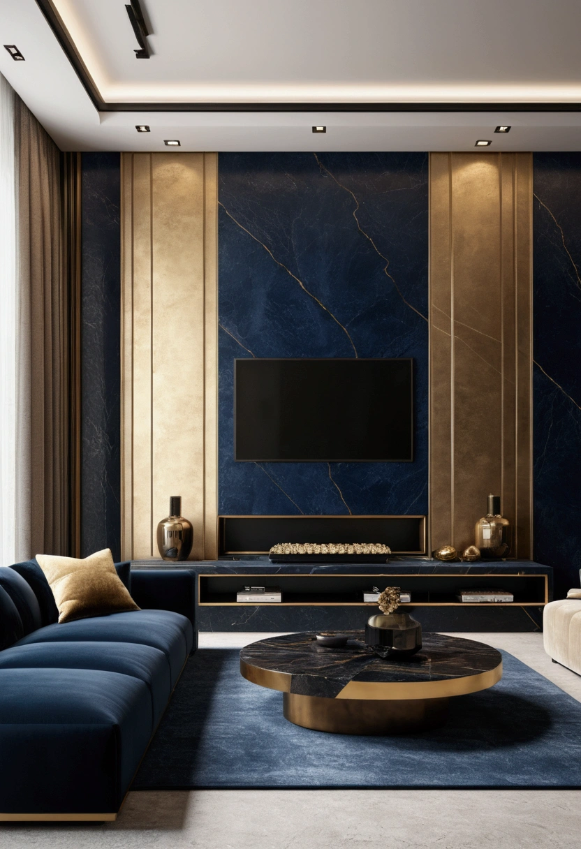 Professional 3D architecture rendering design of modern and minimal design for tv room with beige velvet sofa and dark blue velvet sofa and black slab stone  with dark gold lines for tv wall and modern windows and accessories and sunny light 