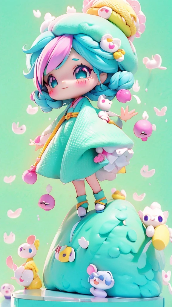 A chibi character in kawaii style Character Details cute Japanese anime style Hair: Curto e featuring tom de ruivo, featuring um laço ou acessório fofo pequeno.
badass clothing: A light pink knitted outfit or something crocheted, featuringo um suéter fofinho.
Facial expression: Cheerful and friendly, featuring grandes olhos
Posição das Mãos: A hand raised showing the knitting roller.
colors: soft tones and pastels, featuringo rosa claro, baby blue, or mint green, featuring