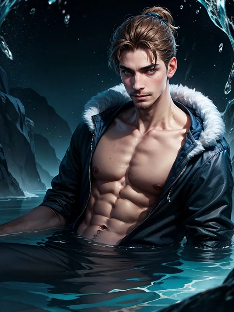 Dark blues colors. In the deep sea frozen waters, a boy is underwater. It is very dark, there is almost no light. He has brown hair held in a manbun, a mustache and goatee, and green eyes. He has a very hooked nose and kind eyebrows. His face is gentle with angular bone structure, he looks relaxed. he wears fur clothes. He manipulates water around him.